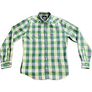Express Performance Dress Shirt Men’s Fitted Green Plaid Long Sleeve Size Large